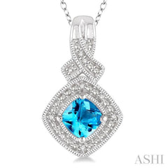 5x5 MM Cushion Shape Blue Topaz and 1/50 Ctw Round Cut Diamond Sterling Silver Pendant With Cable Chain
