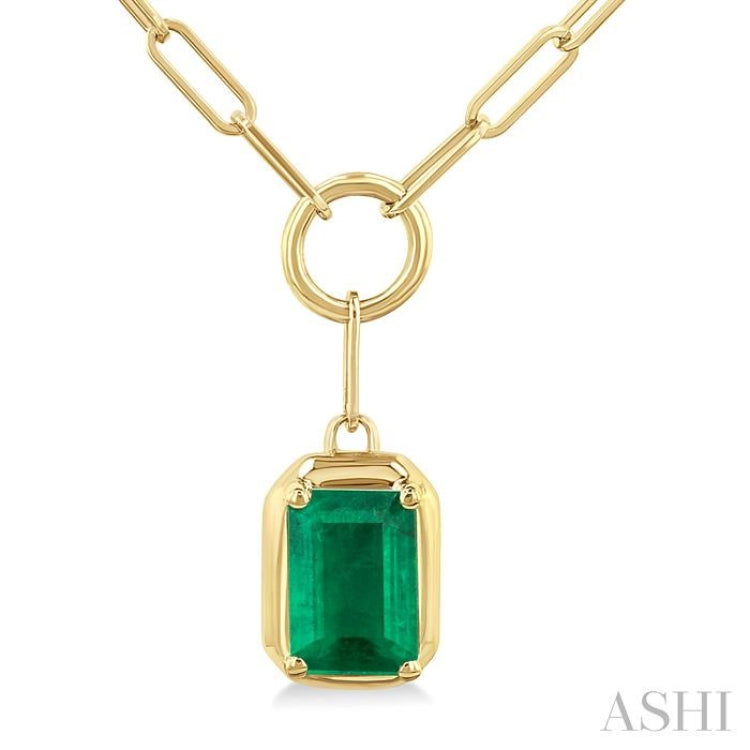 6x4 MM Emerald Solitaire Precious Paperclip Pendant With Chain in 14K Yellow Gold