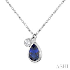 6x4 MM Pear Cut Sapphire and 1/20 Ctw Bezel Set Round Cut Diamond Precious Pendant With Chain in 14K White Gold