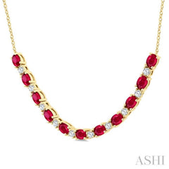 4X3 MM Oval Shape Ruby and 1/2 Ctw Round Cut Diamond Precious Tennis Necklace in 14K Yellow Gold