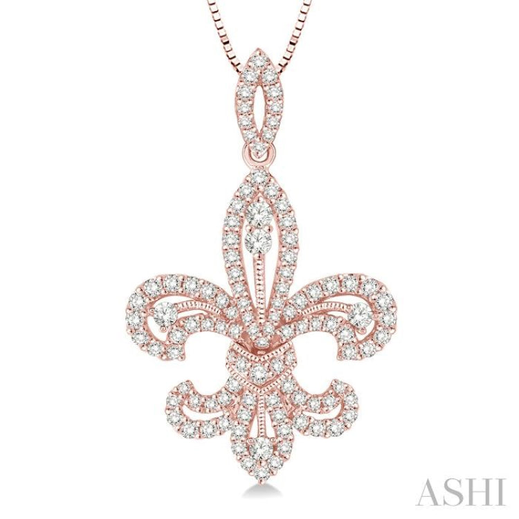 7/8 Ctw Round Cut Diamond Fleur De Lis Diamond Pendant in 14K Rose Gold with Chain
