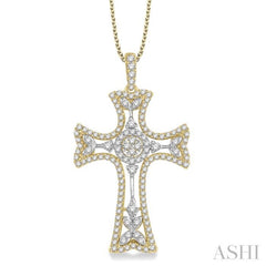 7/8 Ctw Round Cut Diamond Cross Pendant With Chain in 14K Yellow and White Gold