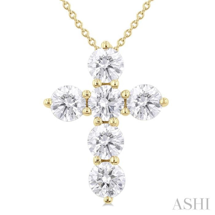 2 Ctw Round Cut Diamond Christian Cross 6-Stone Fashion Pendant With Chain in 14K Yellow Gold