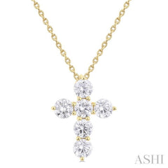 1 Ctw Round Cut Diamond Christian Cross 6-Stone Fashion Pendant With Chain in 14K Yellow Gold