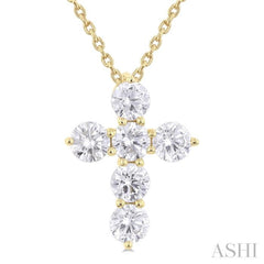 1 Ctw Round Cut Diamond Christian Cross 6-Stone Fashion Pendant With Chain in 14K Yellow Gold