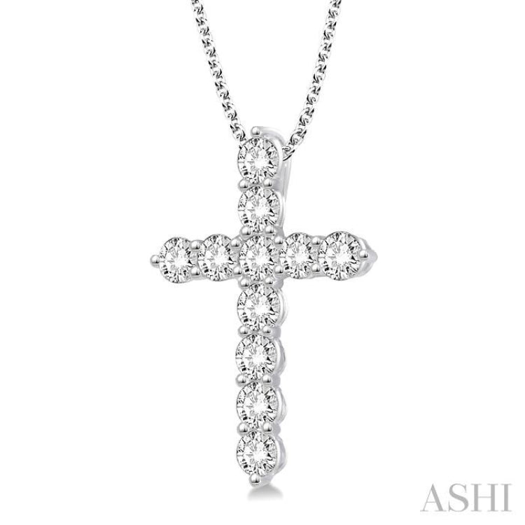 1 1/2 Ctw Round Cut Diamond Cross Pendant in 14K White Gold with Chain