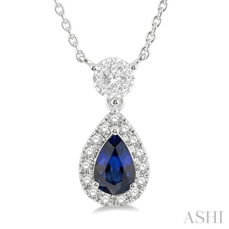 6x4 MM Pear Cut Sapphire and 1/3 Ctw Round Cut Diamond Lovebright Precious Necklace in 14K White Gold