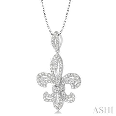 7/8 Ctw Round Cut Diamond Fleur De Lis Diamond Pendant in 14K White Gold with Chain