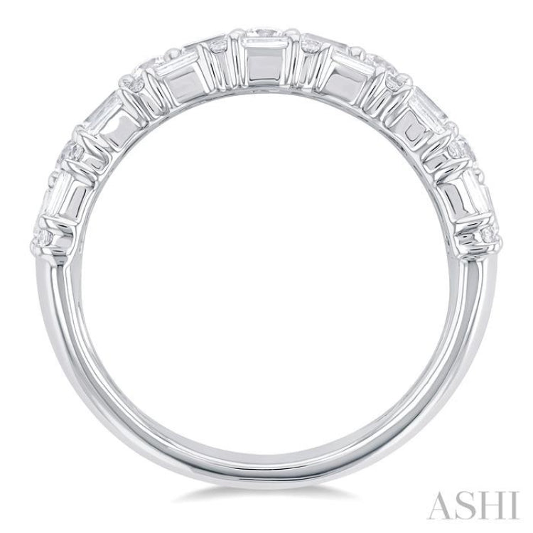 1 1/2 Ctw Triple Row Emerald, Baguette and Round Cut Diamond Fashion Band in 14K White Gold