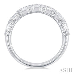 1 1/2 Ctw Triple Row Emerald, Baguette and Round Cut Diamond Fashion Band in 14K White Gold