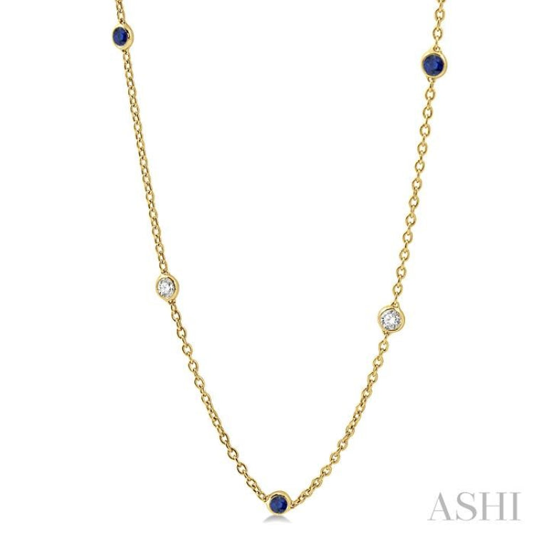 2.85 MM Sapphire and 1/2 Ctw Round Cut Diamond Precious Station Necklace in 14K Yellow Gold