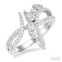 7/8 Ctw Split Bypass Shank Mixed Diamond Cut Fashion Ring in 14K White Gold