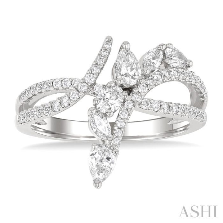 7/8 Ctw Split Bypass Shank Mixed Diamond Cut Fashion Ring in 14K White Gold