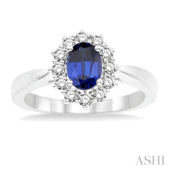7x5 MM Oval Shape Sapphire and 1/3 Ctw Round Cut Diamond Precious Ring in 14K White Gold