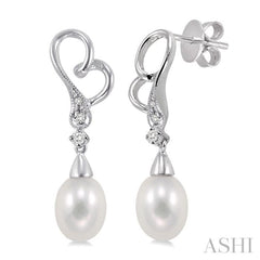 8x6 MM Cultured Pearls and 1/20 Ctw Round Cut Diamond Earrings in 10K White Gold