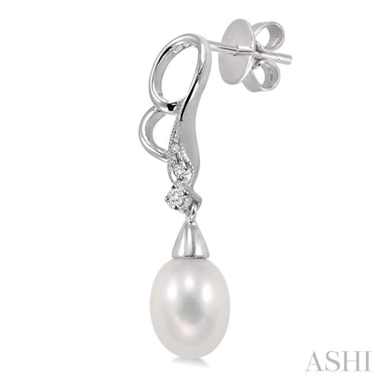 8x6 MM Cultured Pearls and 1/20 Ctw Round Cut Diamond Earrings in 10K White Gold