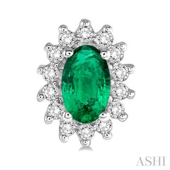 5x3 MM Oval Cut Center Emerald and 1/5 Ctw Round Cut Diamond Sunflower Precious Earrings in 10K White Gold