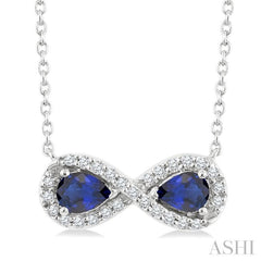 4X3 MM Pear Shape Sapphire and 1/10 Ctw Single Cut Diamond Precious Infinite Halo Pendant With Chain in 10K White Gold