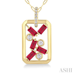 4x2 MM Scatter Baguette Cut Ruby and 1/6 Ctw Round Cut Diamond Precious Fashion Pendant With Chain in 14K Yellow Gold
