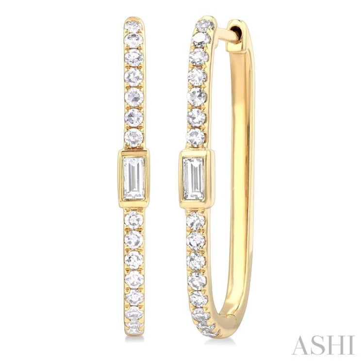 3/8 Ctw Rectangular Shape Baguette and Round Cut Diamond Fashion Hoop Earrings in 14K Yellow Gold