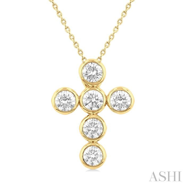 2 Ctw Round Cut Diamond 6-Stone Bezel Set Cross Pendant With Chain in 14K Yellow Gold