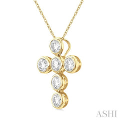 2 Ctw Round Cut Diamond 6-Stone Bezel Set Cross Pendant With Chain in 14K Yellow Gold