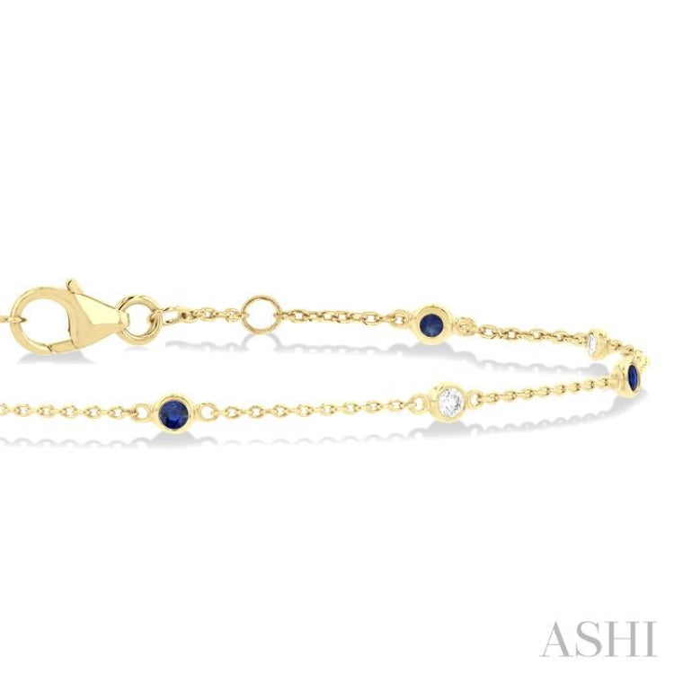 1.8 MM Sapphire and 1/10 Ctw Bezel Set Round Cut Diamond Precious Gemstone Station Bracelet in 14K Yellow Gold