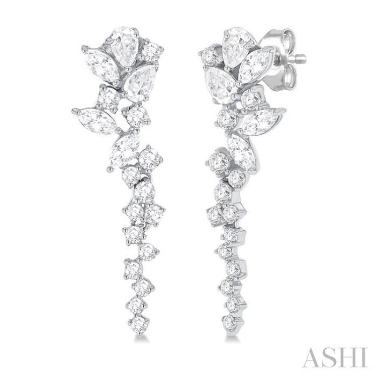 1 Ctw Mixed Shape Diamond Scatter Fashion Long Earring in 14K White Gold