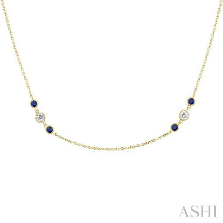 2.25 MM Sapphire and 1/2 Ctw Round Cut Diamond Precious Station Necklace in 14K Yellow Gold