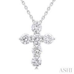 3/4 Ctw Round Cut Diamond Christian Cross 6-Stone Fashion Pendant With Chain in 14K White Gold