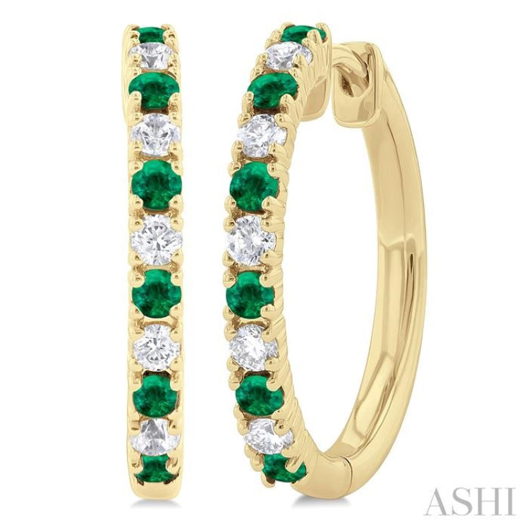 1.80 MM Round Shape Emerald and 1/4 Ctw Round Cut Diamond Precious Hoop Earrings in 10K Yellow Gold