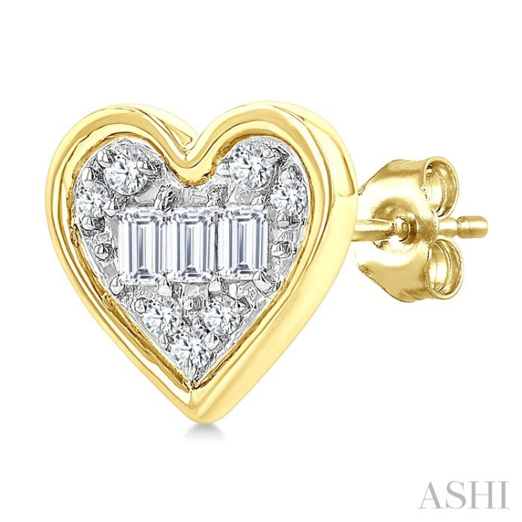 1/5 Ctw Petite Bezel Set Heart Shape Fusion Baguette and Round Cut Diamond Fashion Stud Earring in 10K Yellow Gold