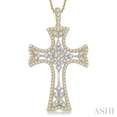 7/8 Ctw Round Cut Diamond Cross Pendant With Chain in 14K Yellow and White Gold