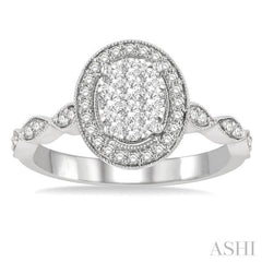 1/2 Ctw Oval Mount Criss Cross Shank Lovebright Round Cut Diamond Engagement Ring in 14K White Gold