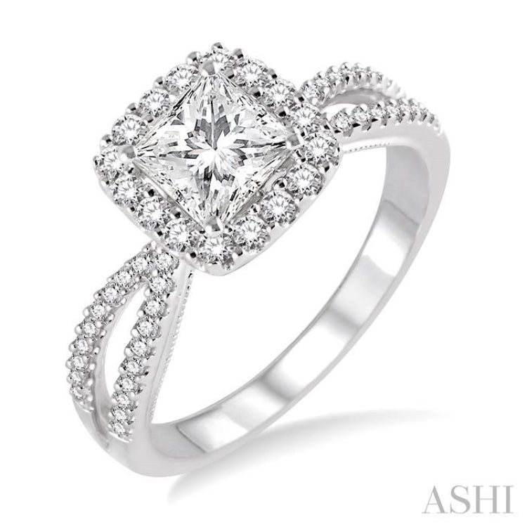 1/2 Ctw Diamond Engagement Ring with 1/4 Ct Princess Cut Center Stone in 14K White Gold