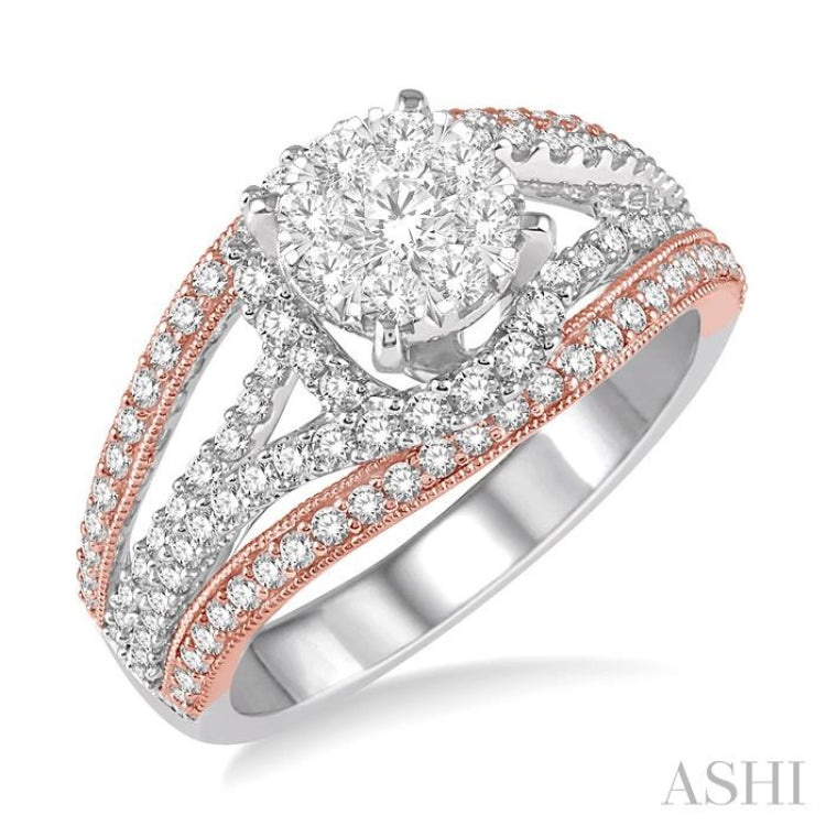 1 1/10 Ctw Round Diamond Lovebright Engagement Ring in 14K White and Rose Gold