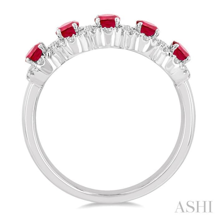 4x3 MM Oval Cut Ruby and 1/3 Ctw Round Cut Diamond Precious Wedding Band in 14K White Gold