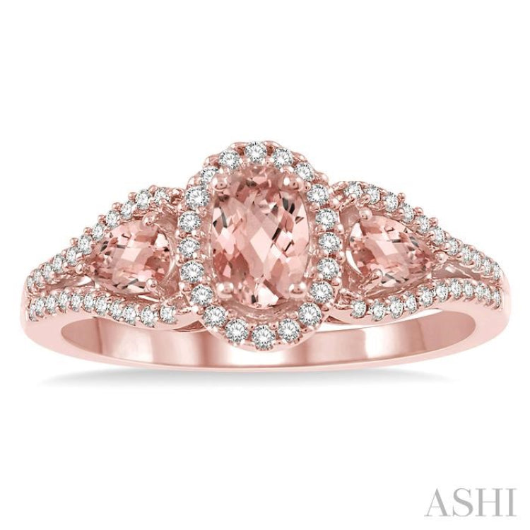 6x4 MM Oval Cut and 5x3 MM Pear Cut Morganite and 1/5 Ctw Round Diamond Semi-Precious Ring in 10K Rose Gold