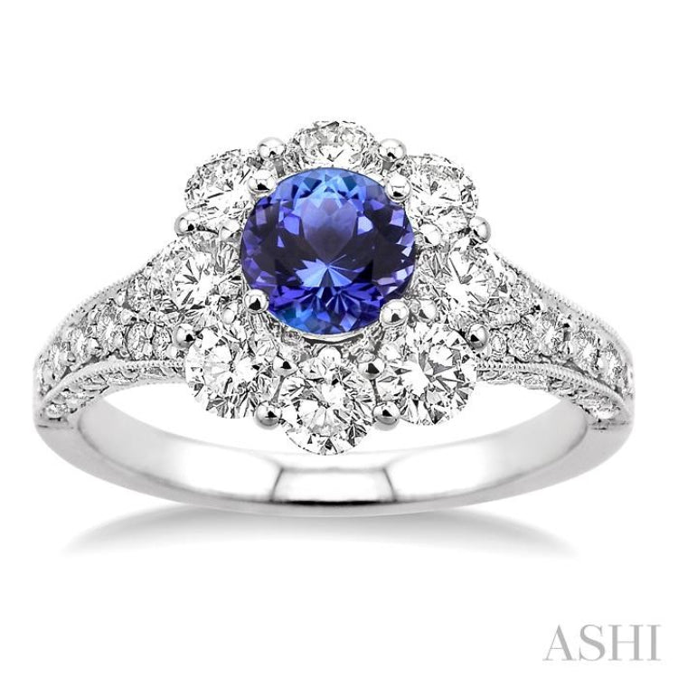 6 MM Round Cut Tanzanite and 1 1/2 Ctw Round Cut Diamond Precious Ring in 14K White Gold