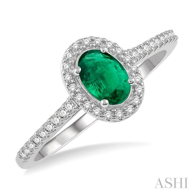 6x4 MM Oval Shape Emerald and 1/5 Ctw Single Cut Diamond Precious Ring in 10K White Gold