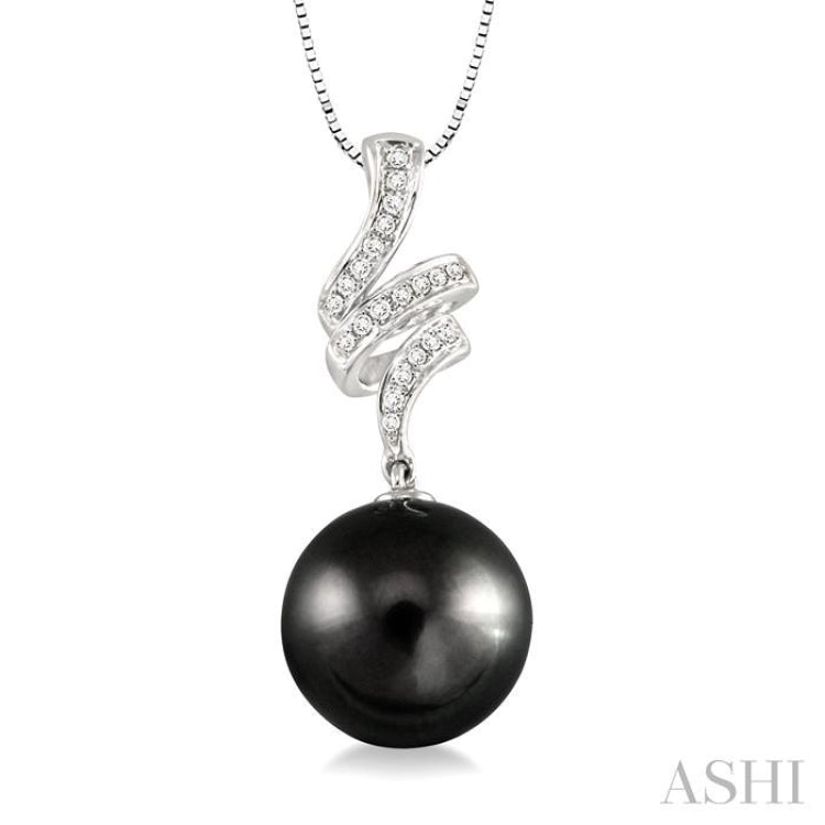 10 MM Black Cultured Pearl and 1/8 Ctw Round Cut Diamond Pendant in 14K White Gold with Chain