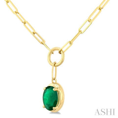 6x4 MM Oval Cut Emerald Solitaire Precious Paperclip Pendant With Chain in 10K Yellow Gold
