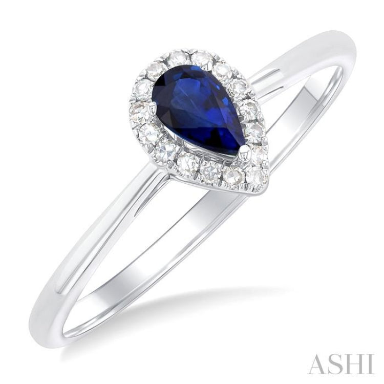 5x3 MM Pear Shape Sapphire and 1/20 Ctw Single Cut Diamond Halo Precious Ring in 10K White Gold