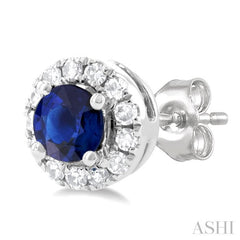 3.25 MM Round Sapphire and 1/10 Ctw Single Cut Diamond Halo Precious Stud Earrings in 14K White Gold