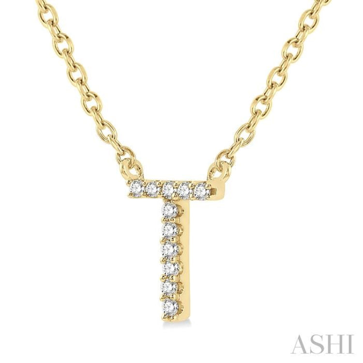 1/20 Ctw Initial 'T' Round Cut Diamond Pendant With Chain in 10K Yellow Gold