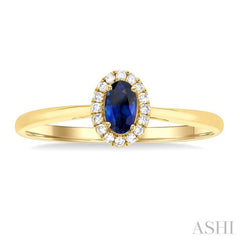 5x3 MM Oval Shape Sapphire and 1/20 Ctw Single Cut Diamond Halo Precious Ring in 10K Yellow Gold