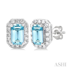 5x3 MM Octagonal Shape Aquamarine and 1/8 Ctw Single Cut Diamond Halo Semi-Precious Stud Earrings in 10K White Gold