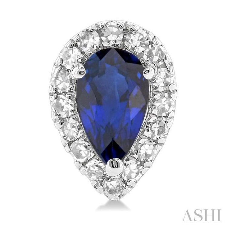 5x3 MM Pear Shape Sapphire and 1/8 Ctw Single Cut Diamond Halo Precious Stud Earrings in 10K White Gold