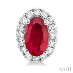 5x3 MM Oval Shape Ruby and 1/8 Ctw Single Cut Diamond Halo Precious Stud Earrings in 10K White Gold