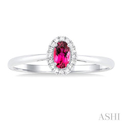 5x3 MM Oval Shape Pink Tourmaline and 1/20 Ctw Single Cut Diamond Halo Semi-Precious Ring in 10K White Gold
